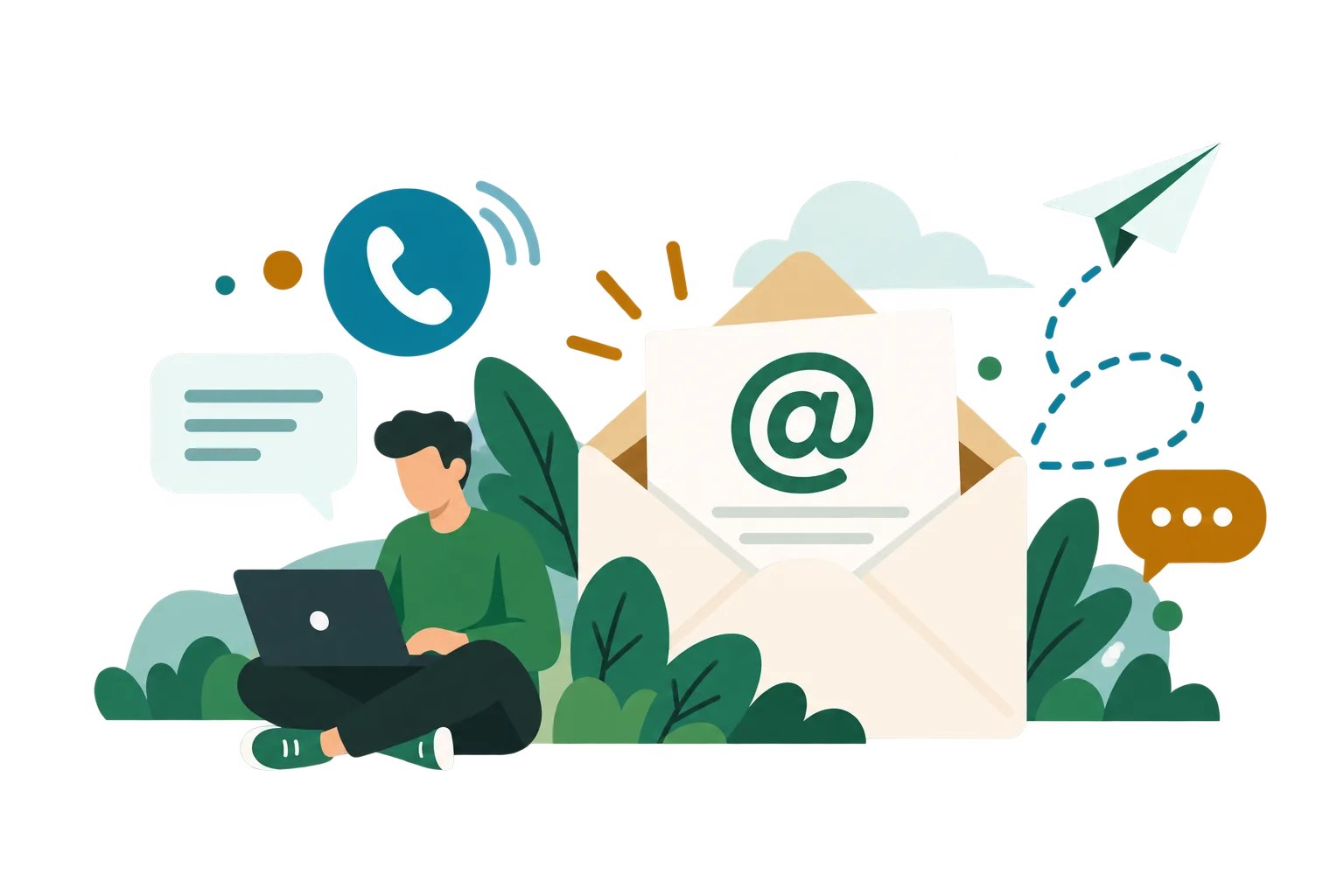 Ilustracja: różne formy kontaktu — e-mail, telefon i czat